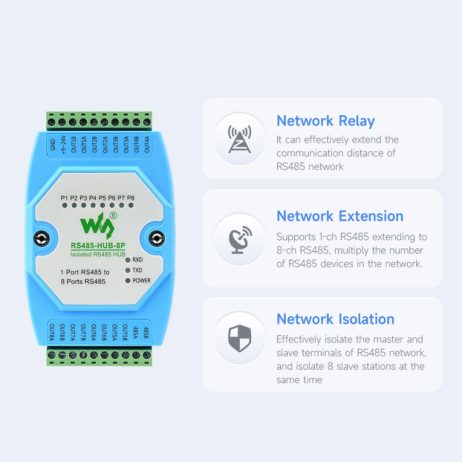 Waveshare Industrial-Grade Isolated 8-Ch Rs485 Hub, Rail-Mount Support, Wide Baud Rate Range