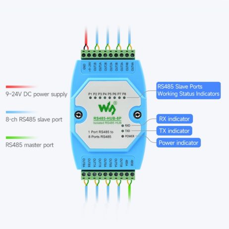 Waveshare Industrial-Grade Isolated 8-Ch Rs485 Hub, Rail-Mount Support, Wide Baud Rate Range