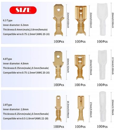 900Pcs 2.8/4.8/6.3Mm Golden Insulated Male Female Wire Connector Electrical Wire Crimp Terminals Spade Connectors Assorted Kit